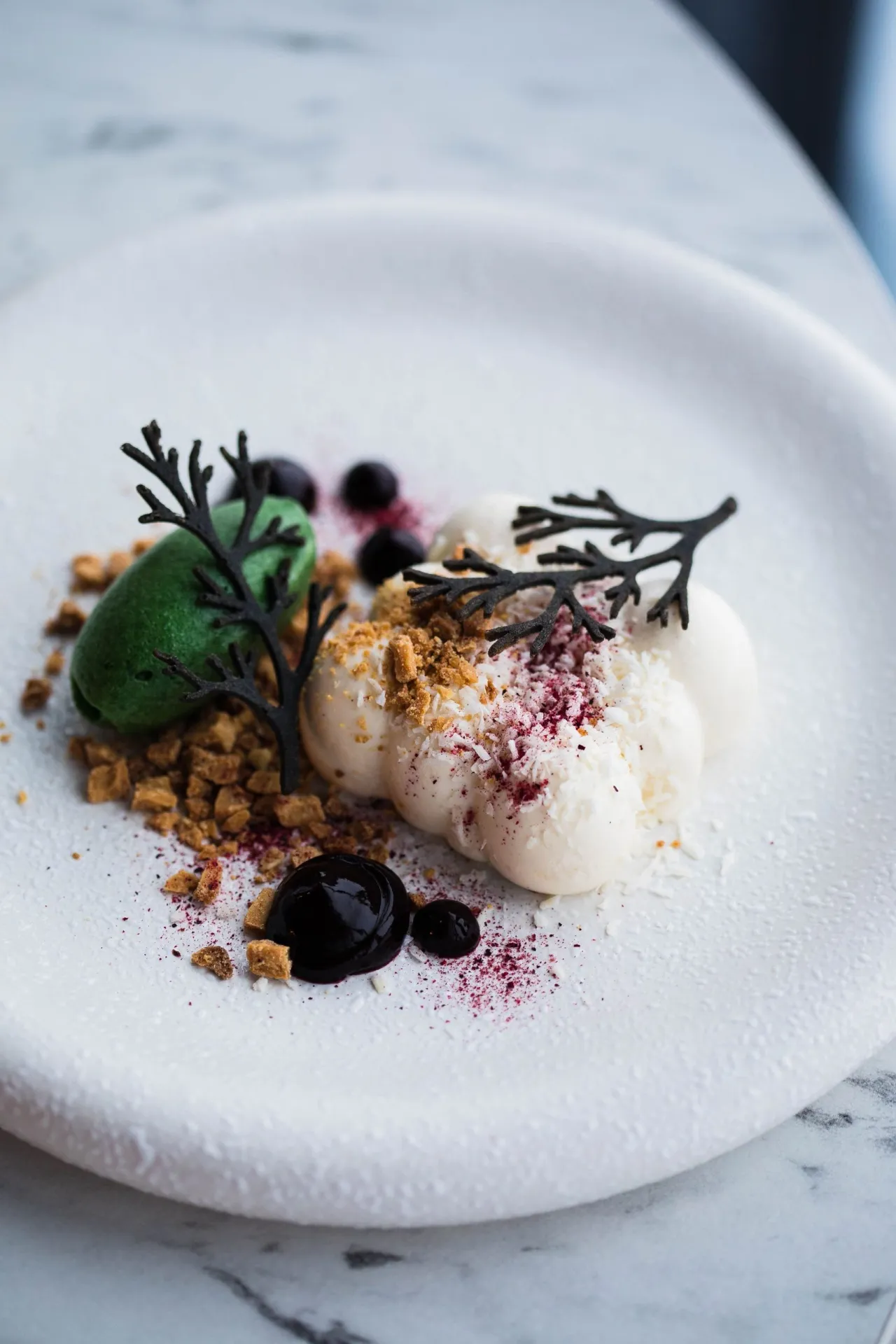 Dessert crémeux aux baies et aux herbes sur une assiette blanche