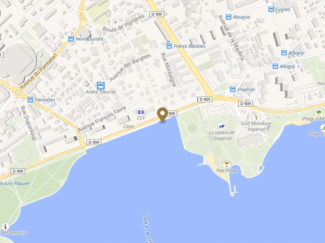 Plan d'Annecy au bord du lac, avec l'emplacement du restaurant sur l'avenue d'Albigny